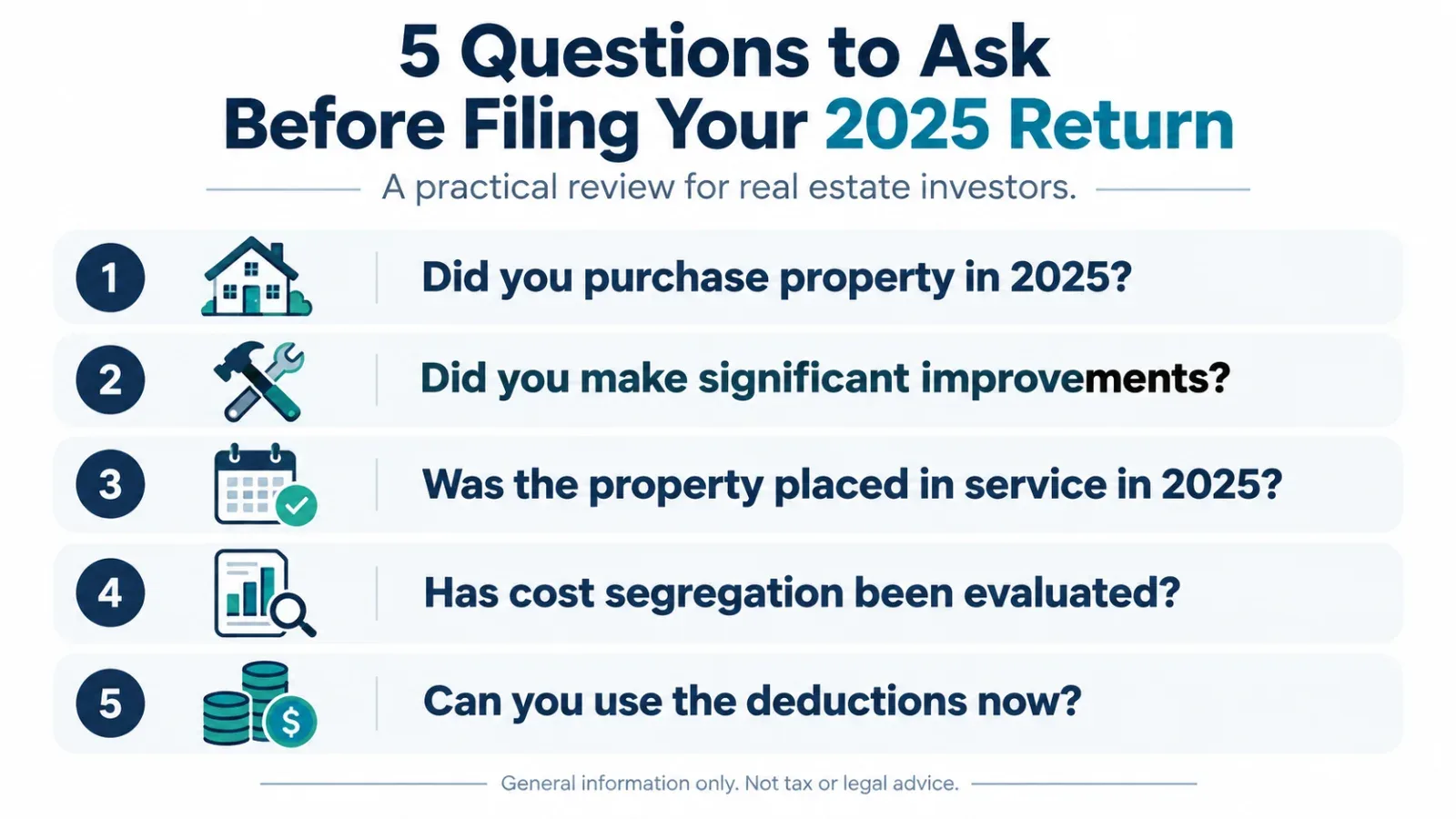 Infographic of five questions to ask before filing your 2025 return, from 2025 property purchases to whether you can use the deductions now