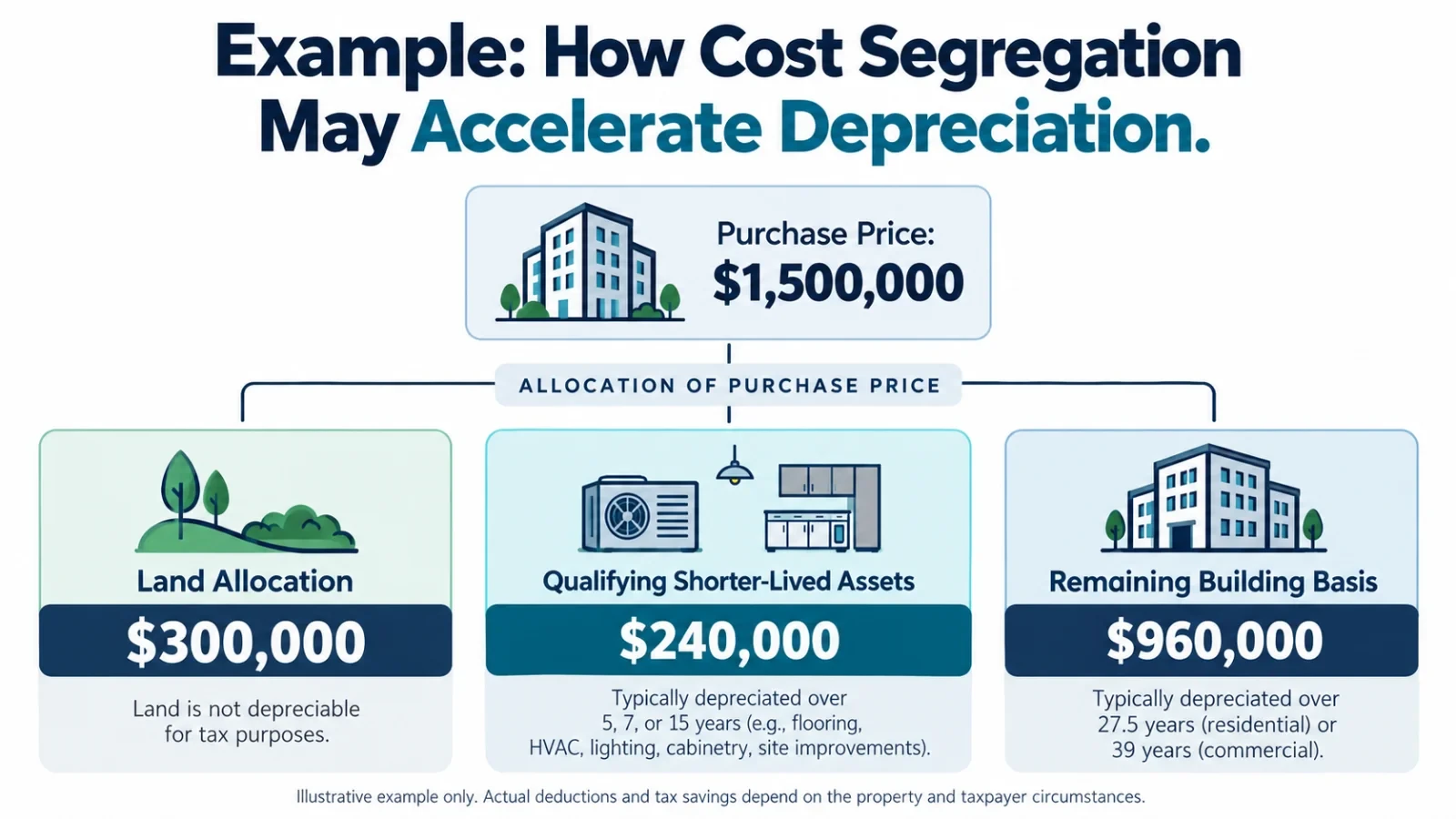 Example of how cost segregation may accelerate depreciation, splitting a purchase price into land, which is not depreciable, qualifying shorter-lived assets typically depreciated over 5, 7 or 15 years, and the remaining building basis