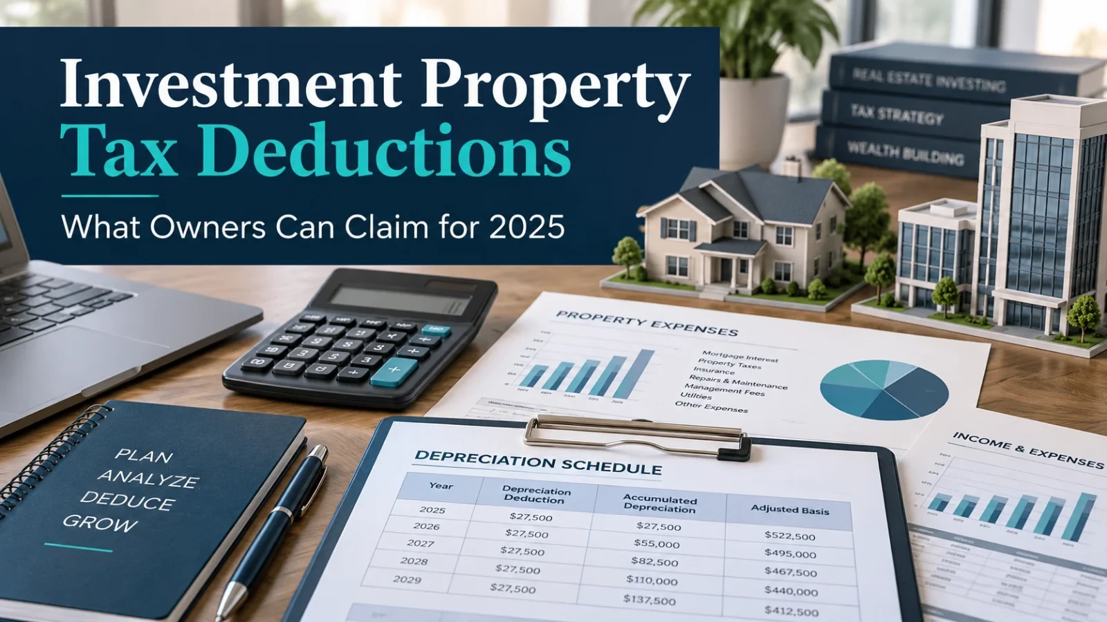 Investment Property Tax Deductions: What Owners Can Claim for 2025 header, with a calculator, laptop, property expenses chart, depreciation schedule and miniature house and office building models on a desk