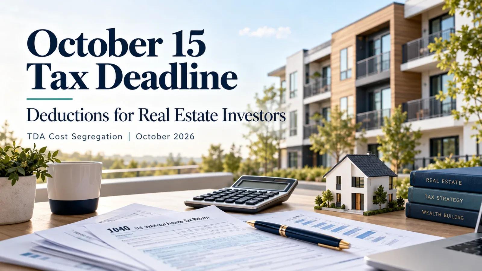 October 15 tax deadline header showing a desk with Form 1040, a calculator, a house model and an apartment building for real estate investors